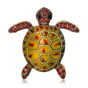Sea Turtle Brooch with Red Rhinestones – Green Enamel Turtle Pin
